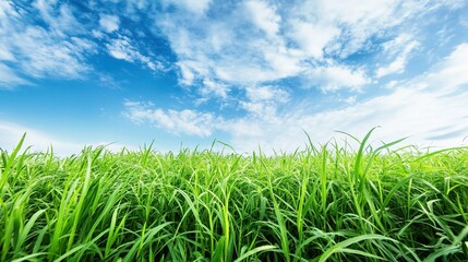 Obraz premium ryegrass. Vast meadow of lush perennial ryegrass waving under a clear blue sky. event programs, museum guides, designed for cultural heritage projects and event programs, supports education.