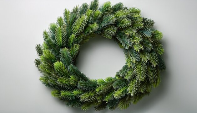Lush Evergreen Foliage Forms A Perfectly Circular Holiday Wreath Against A Plain Background