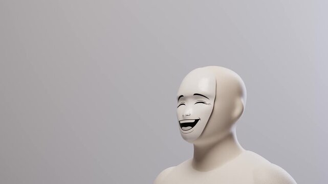 3D animation of a human figure with multiple emotion masks showing shifting emotional states. Concept represents inner conflict, personality change and mental health awareness.