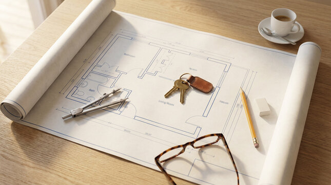 Apartment floor plan with keys, drafting compass, and glasses on oak desk in warm light. Property planning, rental evaluation, and real estate business concept.