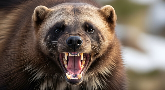 A fierce and powerful wolverine standing in a snowy or forest environment