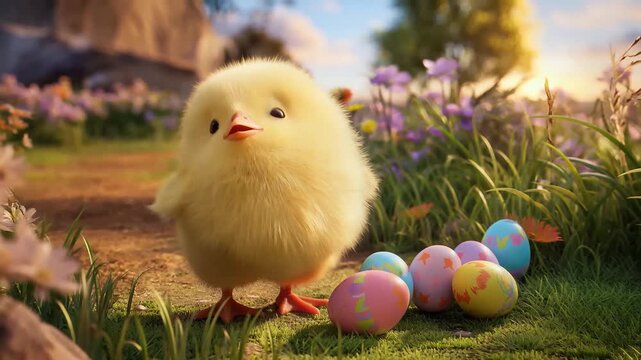 Adorable yellow chick standing near colorful Easter eggs in a lush green field.
