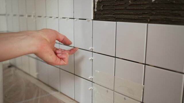 Close-up of a worker's hands carefully installing plastic spacers between freshly laid white ceramic tiles on a wall, showing a crucial step in a do-it-yourself home improvement project