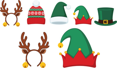 Christmas hats and reindeer antlers collection, Santa cap, elf hat, festive winter accessories set, holiday costume vector illustration © Mostafizar