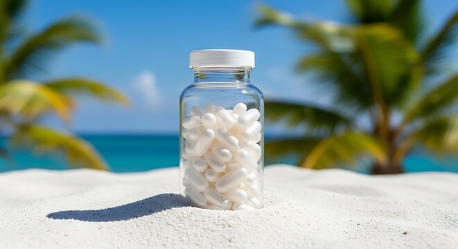 Pills in a Bottle on a Sandy Beach with Palm Trees and Ocean in the Background.