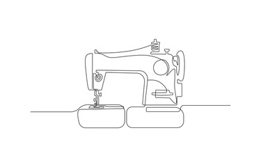 Continuous line drawing of a classic vintage sewing machine silhouette on white background