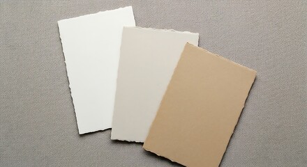 Fototapeta premium Three Rectangular Paper Samples in Varying Shades of White and Beige on a Gray Surface.