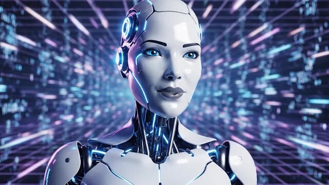 A futuristic humanoid robot with glowing blue eyes speaks in a digital tunnel