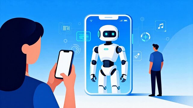 Person using phone with robot image