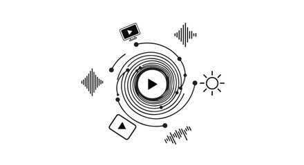 Obraz premium Abstract digital vortex with media icons symbolizing content creation and data flow