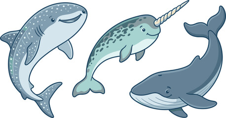 Cute Sea Animals Set Featuring Whale Shark Narwhal and Blue Whale Marine Wildlife Cartoon Vector Illustration Collection © Yousuf