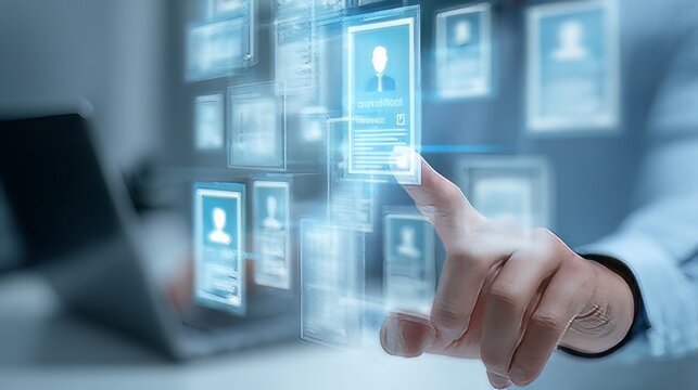 Modern human resources digital recruitment. Manager is interacting with a virtual interface to evaluate candidate profiles and resumes. AI powered recruitment, digital analytics, HR automation, hiring
