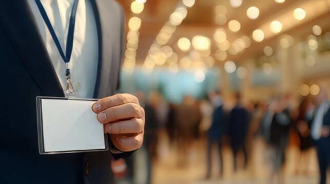 Business professional holding a blank identification badge.