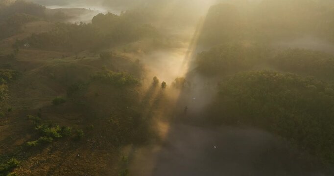 Phu Pha Mok Viewpoint, Sea Of Mist During Sunrise In Ban Jabo, Mae Hong Son Province, Thailand. Aerial Shot