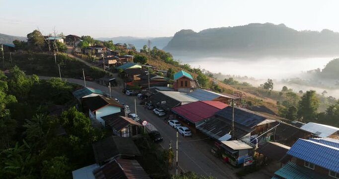 Mountaintop Ban Jabo Village In The Pang Mapha District Of Mae Hong Son Province, Thailand. Aerial Drone Shot
