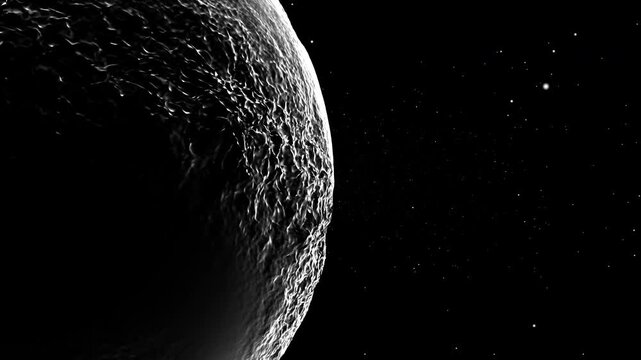 Side view of planet rotating against a black starry void. Minimalist composition designed for cinematic title sequences and film intros.