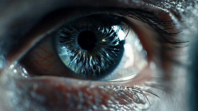A close-up view of a human eye with a blue iris and white sclera.