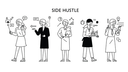 Obraz premium Side hustle vector illustration of people working on various projects