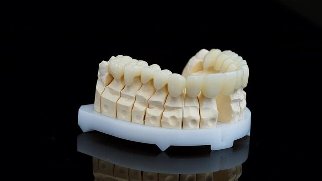 Full arch dental implant model with ceramic crowns displayed on laboratory base against black background. Professional dentistry concept showing tooth restoration and modern implant treatment.
