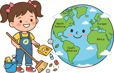 Cute girl cleaning earth globe environmental protection illustration