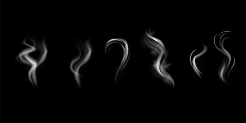 Fototapeta premium Realistic white cloud or fire smoke in the sky and vector weather element on transparent background. Chimney smoke, fog wave or cloud pattern with overlay effect. Cloud art or smoky air illustration.