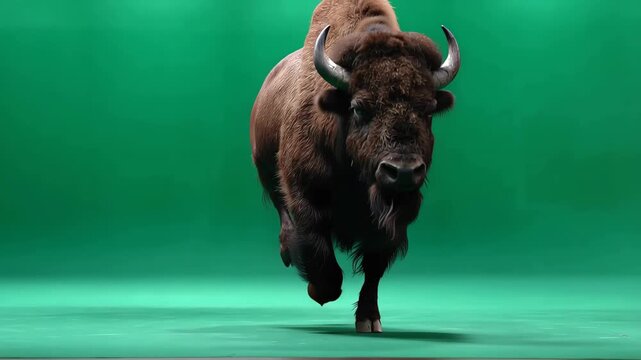 A majestic brown bison walking confidently against a vibrant green backdrop