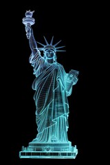Fototapeta premium Glowing wireframe of statue of liberty sculpture black background representation.