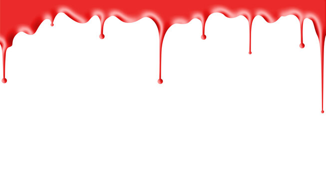 Red liquid drips on transparent background, abstract paint splash with horror and grunge tones. 