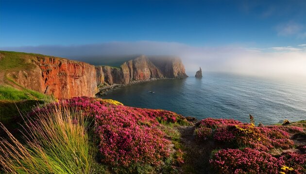 Misty Coastal Cliffs Reddish Rock Formations A Tall Sea Stack In The Distance And Wildflowers At The Edge