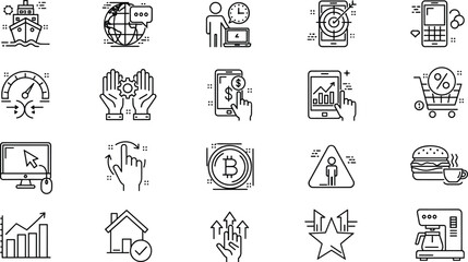 Business technology and ecommerce line icons set analytics shopping bitcoin communication vector illustration collection design