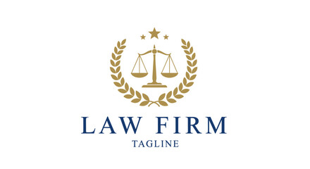Law firm logo features scales of justice and laurel wreath on white background