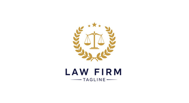 A law firm logo features a gold scale with stars and leaves on a white background