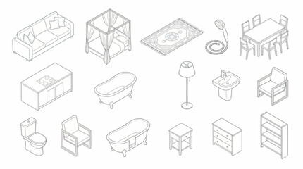 Large Collection of Isometric Home Furniture and Bathroom Fixture Line Art Illustrations for Interior Design © Dileesha
