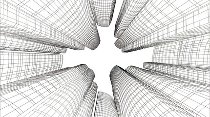 Abstract Low Angle Skyscrapers Wireframe Background with Curved City Buildings and Urban Grid Perspective © Dileesha