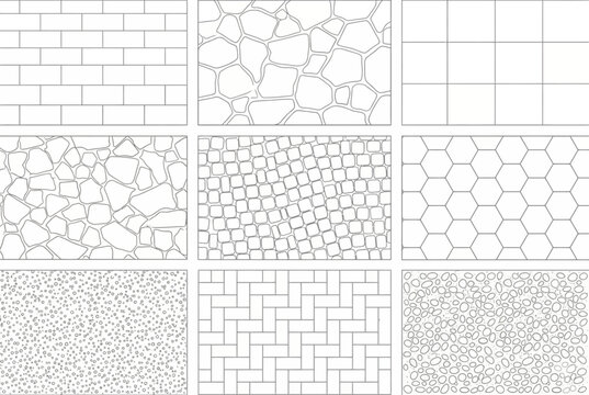 Set of Pavement and Wall Texture Patterns with Brick Stone and Hexagonal Tile Line Art