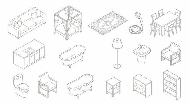 Large Collection of Isometric Home Furniture and Bathroom Fixture Line Art Illustrations for Interior Design