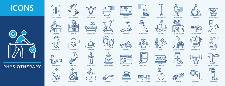 Physiotherapy - Icon Collection. Thin Outline Blue Set contains such Icons as massage, acupuncture, walking stick and more. Simple web icons set