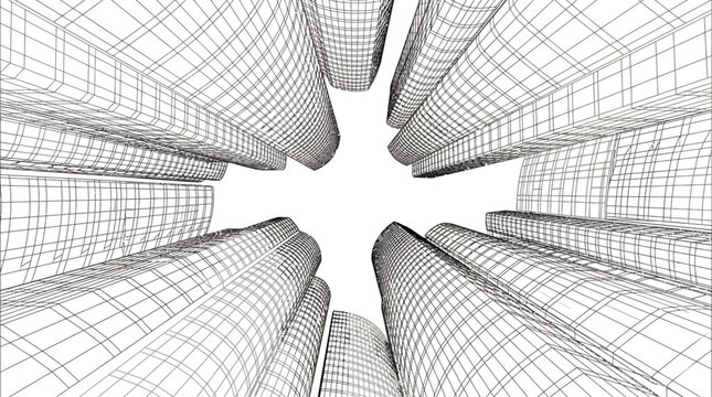 Abstract Low Angle Skyscrapers Wireframe Background with Curved City Buildings and Urban Grid Perspective