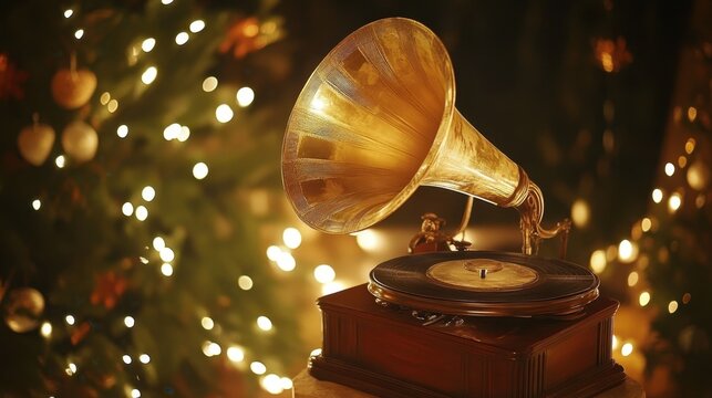 Vintage Gramophone with Polished Horn, Wooden Base