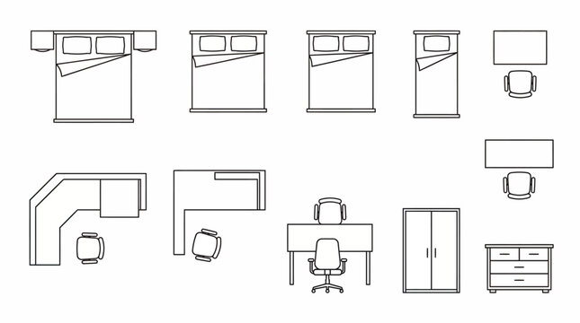 Bedroom and Home Office Furniture Symbols Set for Architectural Plan Layout