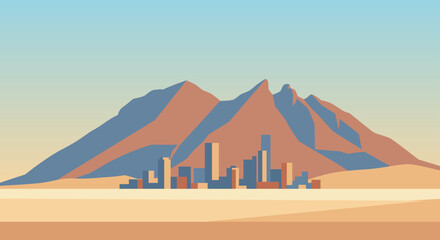 Desert Mountain Landscape with City Skyline Flat Vector Illustration © Karomiyyah