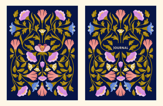 Journal covers with floral leaves and plants, floral cover planner, notebooks, background with symmetrical botanical, Vector illustration
