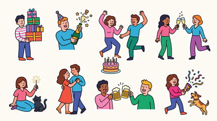 Fototapeta premium A collection of diverse people celebrating with gifts champagne dancing and cake