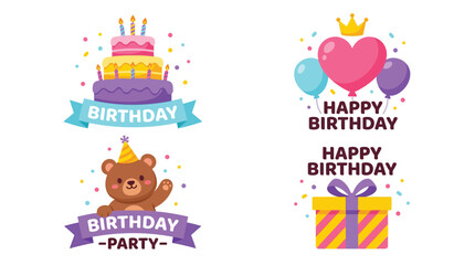 Obraz premium Cartoon Birthday Party Graphics Collection with Cake Balloons Bear and Gift Box