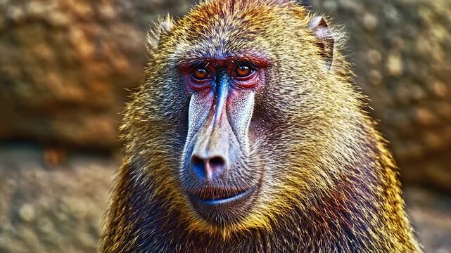Close up portrait of a baboon with colorful fur and striking eyes.