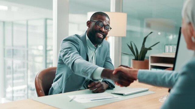 Handshake, interview and meeting with business people in office together for onboarding success. Deal, human resources and recruitment with happy employees shaking hands at work for job opportunity
