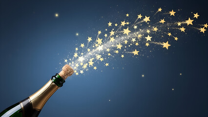 Champagne bottle with cork popping and golden stars exploding on a dark blue background, celebrating success and special occasions