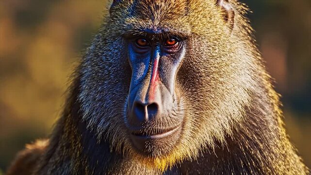 Close-up portrait of a baboon sitting outdoors in natural light.