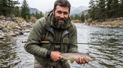 Naklejka premium Bearded man holding trout while fishing in river surrounded by trees 