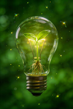 Light bulb containing young green sprout with roots. Glowing symbol of sustainable energy and environmental innovation. Eco-friendly technology concept for earth day conservation portrait format